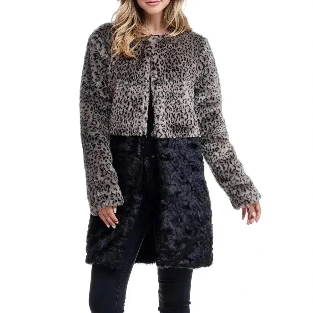 Fever colorblock Leopard Faux Fur Coat size M NWT